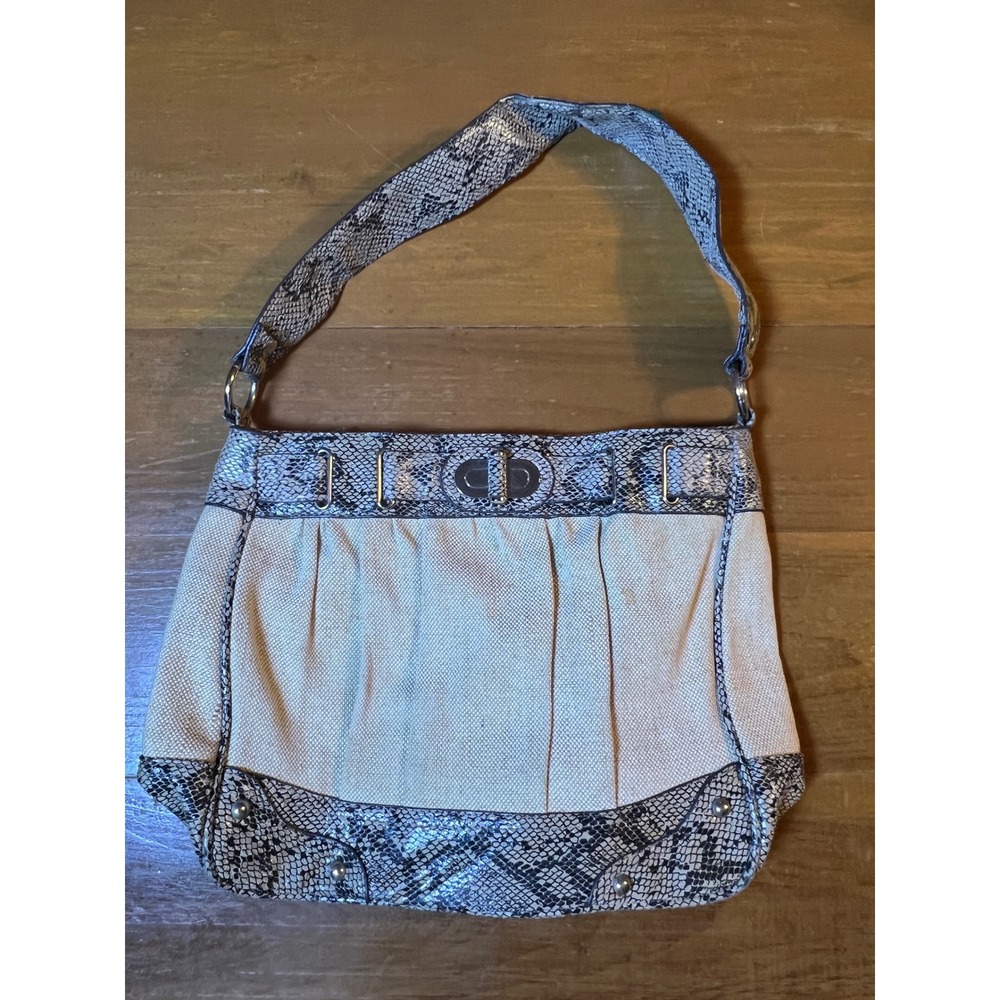 Mondani New York Canvas Snakeskin Embossed Shoulder Bag Cream Gray Hobo Purse
